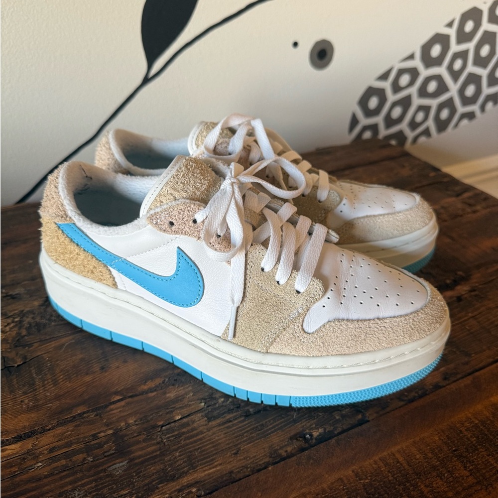 White and Tan Sneakers with Blue Accents
